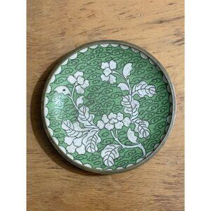 Cloisonné Trinket Dish Enamel & Brass Green Blossom Red China